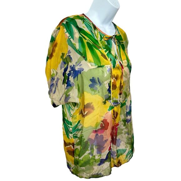 Jenny Han Colorful Watercolor Floral Blouse Sz XS 100% Silk Oversized Semi-Sheer - Picture 3 of 11